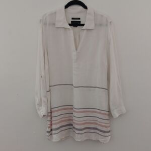 Tahari Linen Striped  Popover Tunic Top #3398
